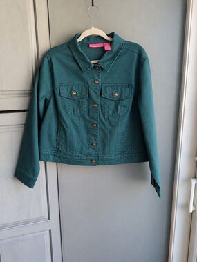 Woman Within Stretch Denim Crop Trucker Jacket Deep Teal Green Plus Size 16W
